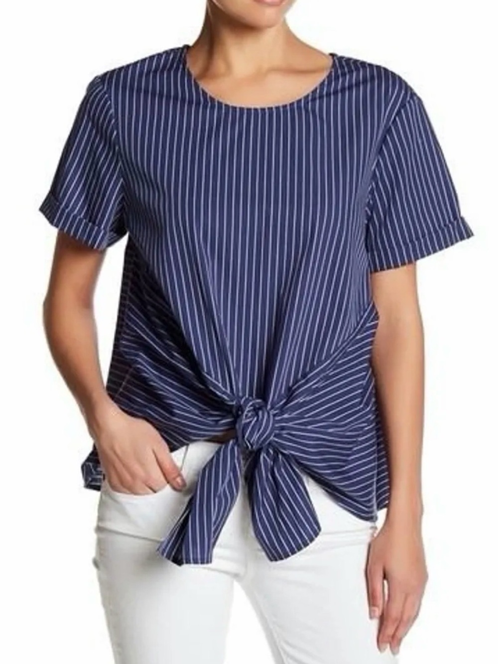 Lush Navy and White Striped Tie-Front Short Sleeve Top